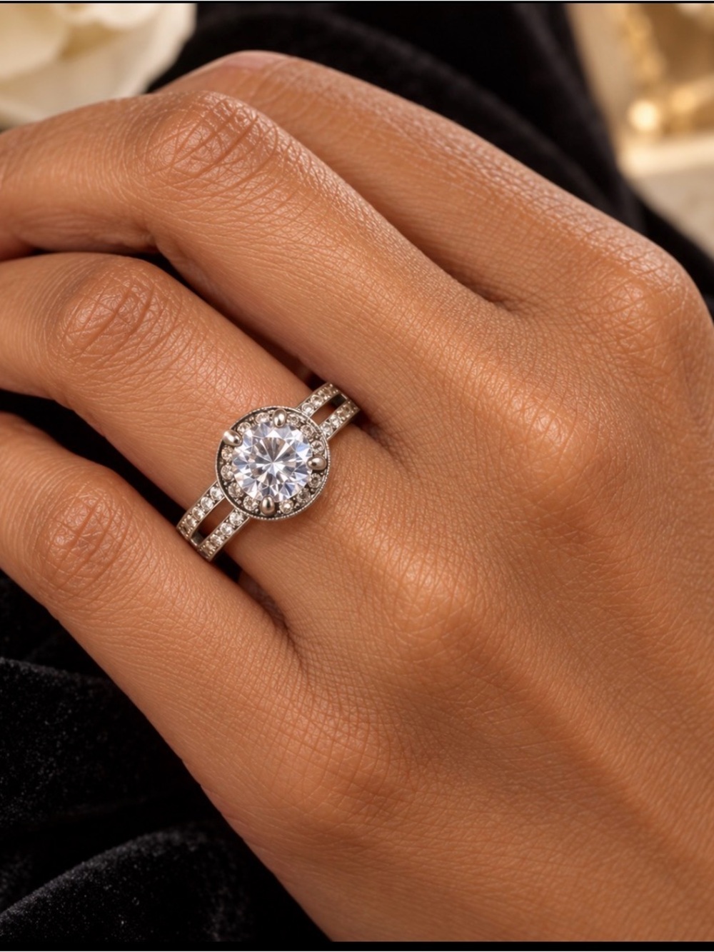 Round Halo Ring with Pavé Band - White